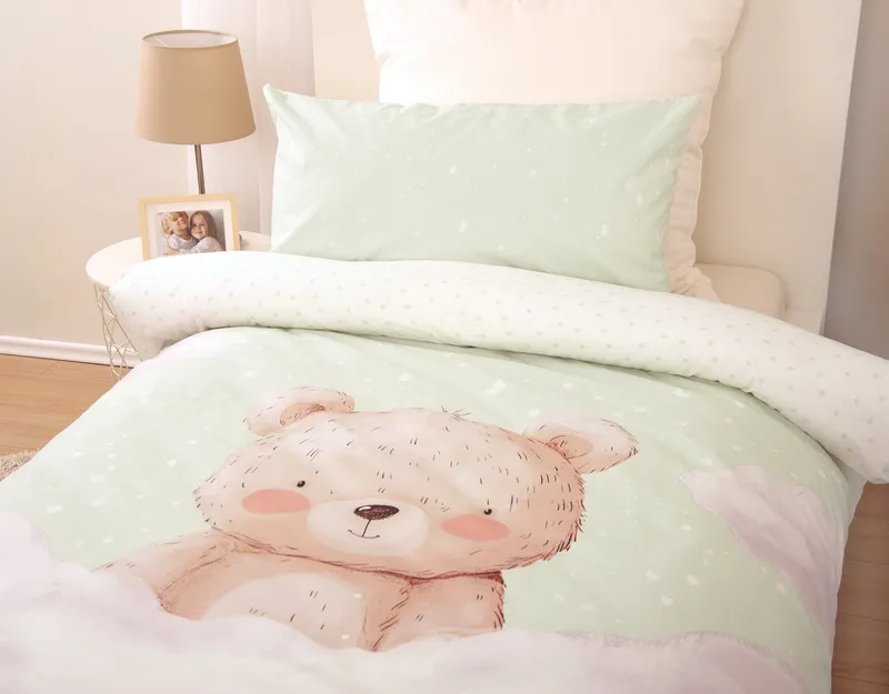 OTTO home Kinderbettwäsche Kleiner Liebling in Gr. 100x135 und 135x200 cm, Renforcé, 2 teilig, aus Baumwolle, mit niedlichem Bärenmotiv & Schriftzug, Babybettwäsche, Grün, – Produktbild 4 von 7