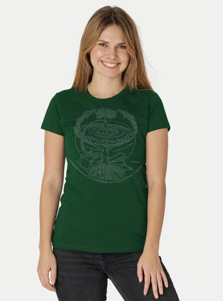 Peaces.bio - handbedruckte Biomode Peaces.bio - handbedruckte Biomode Bio-Damen-T-Shirt "Weltenesche", Flaschengrün, – Produktbild 2 von 2