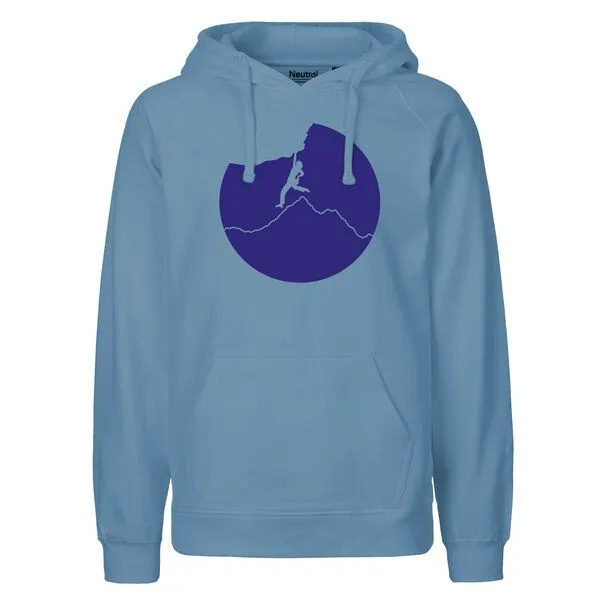 HANDGEDRUCKT HANDGEDRUCKT "Klettern" Männer Hoody aus reiner Biobaumwolle (kbA), Indigoblau, – Produktbild 1 von 3