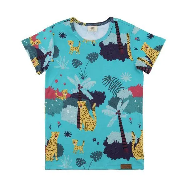 Walkiddy Kinder T-Shirt GOTS zertifiziert – Blau mit Leopardenmuster, Kurzarm, weich & bequem | von Walkiddy – Produktbild 1 von 2