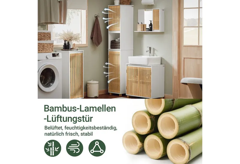 SoBuy Hochschrank BZR127, Badezimmerschrank schmal, Badregal Badschrank Badezimmermöbel Beistellschrank Badkommode, mit Bambustüren, verstellbaren Ablagen, Weiß, – Produktbild 4 von 5