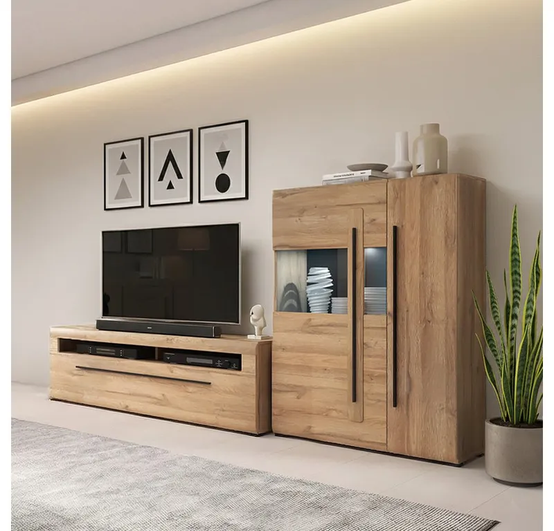 Lomadox Wohnwand TURDA-83, (2-St., Couchtisch Highboard Lowboard Sideboard Vitrine Wandregal), Eiche braun Metallgriffe inkl. LED Beleuchtung modern nachhaltig, Braun, – Produktbild 1 von 5