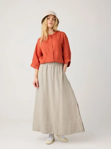 KnowledgeCotton Apparel KnowledgeCotton Apparel Lockere Hemdbluse mit 3/4 Arm und Stehkragen aus Bio-Leinen, Beige-yarndyed-light-feather-gray, – Produktbild 2 von 3