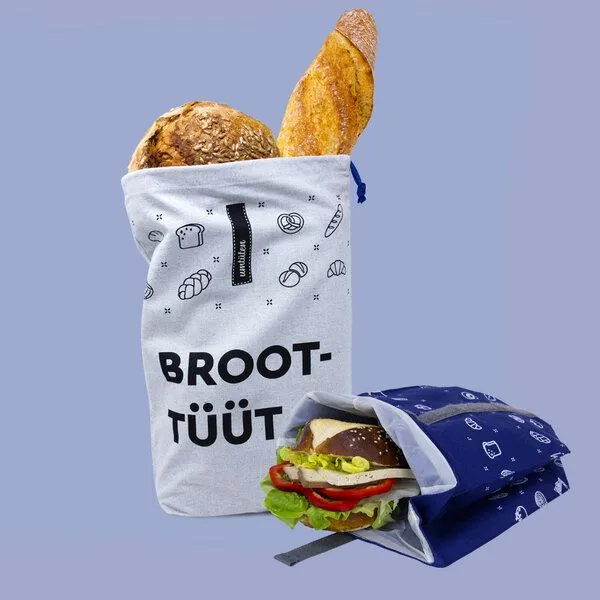 umtüten umtüten Beutel Set: Brotbeutel & Snack Beutel / Inlay plastikfrei / recycelte Bio Baumwolle, Blau, – Produktbild 1 von 3