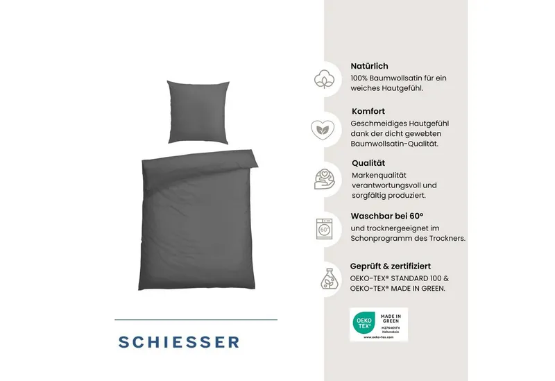 Schiesser Schiesser Bettwäsche Ella seidenmattes Bettwäscheset aus feinstem Baumwollsatin, Satin, 2 teilig, OEKO-TEX® MADE IN GREEN, Grau, – Produktbild 1 von 5