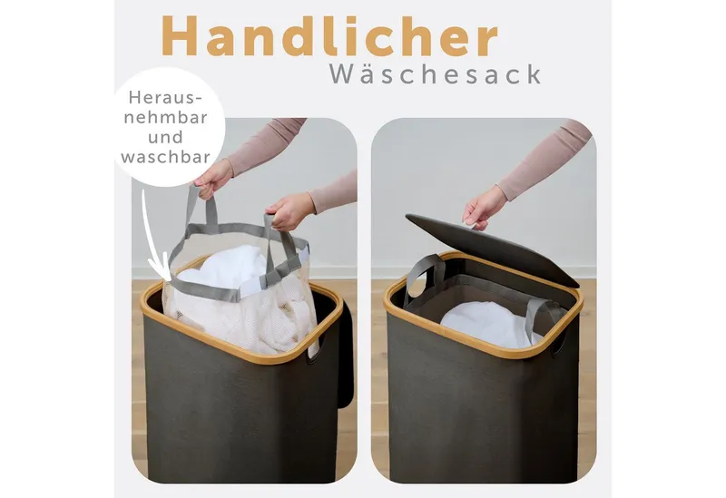 Blumtal Wäschekorb 1,2 oder 3 Fächer mit herausnehmbaren Wäschesäcken 100, 140 oder 150L, in drei Größen erhältlich, Schwarz, – Produktbild 5 von 5