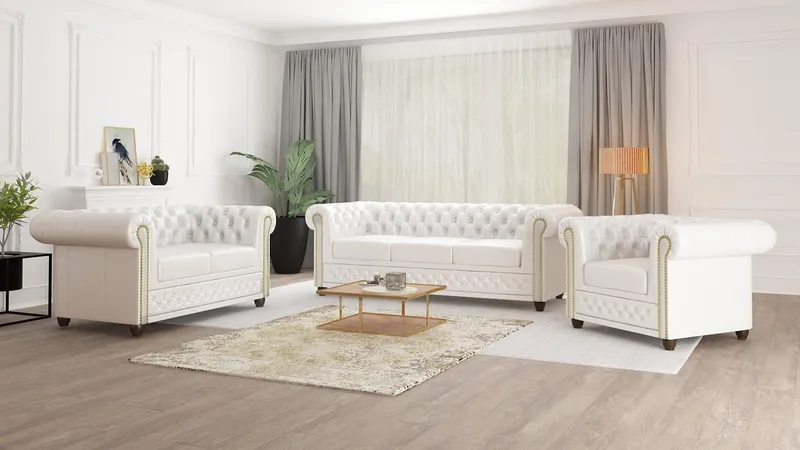 S-Style Möbel Chesterfield-Sofa Jeff 3-Sitzer aus veganem Leder mit Holzfüßen, Mit Wellenfederung, Weiß, – Produktbild 3 von 5