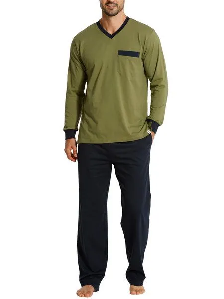 Haasis Bodywear Haasis Bodywear Herren Pyjama V-Ausschnitt, Bio Baumwolle, Navy/olive, – Produktbild 3 von 4