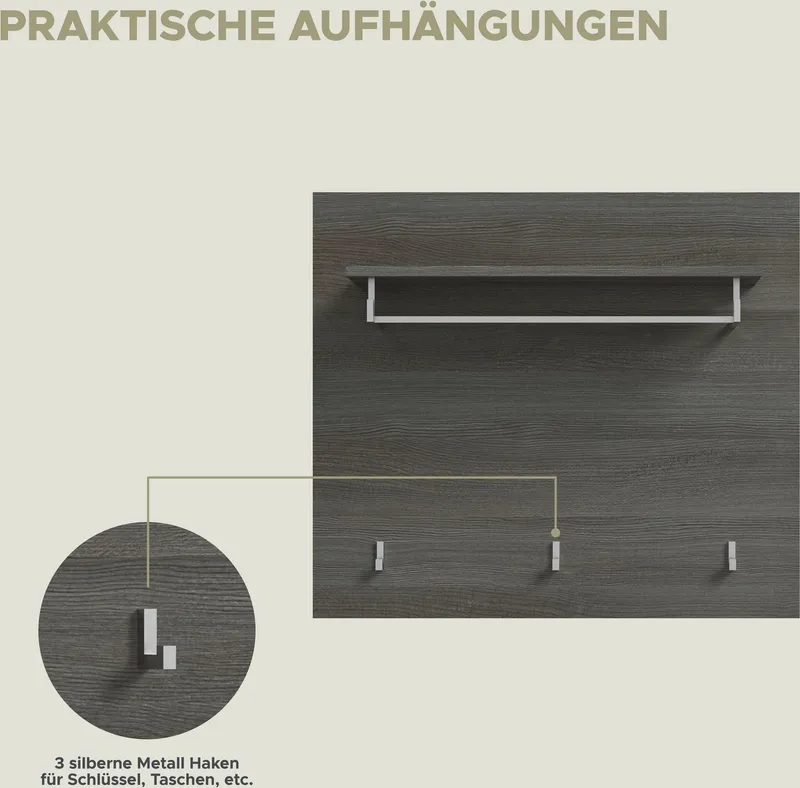Home affaire Garderobenpaneel Rumba, Breite 80cm, 3 Haken, 1 Kleiderstange, 1 Ablageboden, Garderobe, Paneel, Wandpaneel, Flurmöbel, Grau|silberfarben, – Produktbild 1 von 5