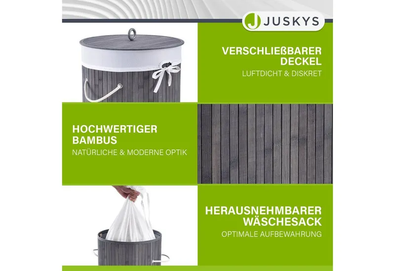 Juskys Wäschekorb Curly-Round 55 L in Grau aus Bambus mit Deckel & Wäschesack, Wäschesammler für 2 Personen, schmal mit Ø 35 x 60 cm & Kordelgriffen, Grau, – Produktbild 3 von 5