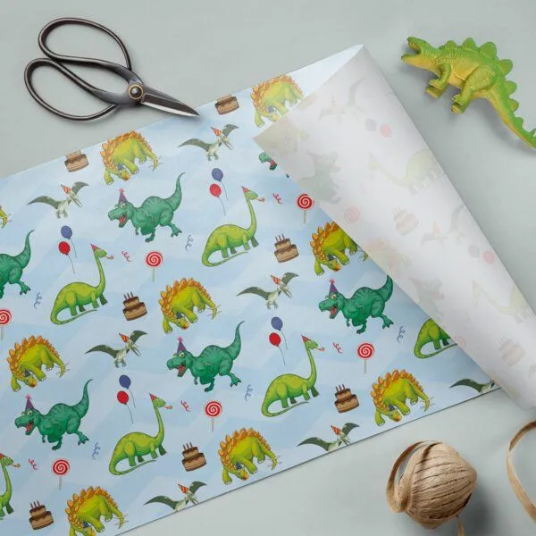 Fines Papeterie Fines Papeterie 3x 3m Geschenkpapier HAPPY BIRTHDAY DINO Set für Kinder 3 Rollen je 300x47 cm Einpackpapier mit Dinosauriern – Produktbild 3 von 4