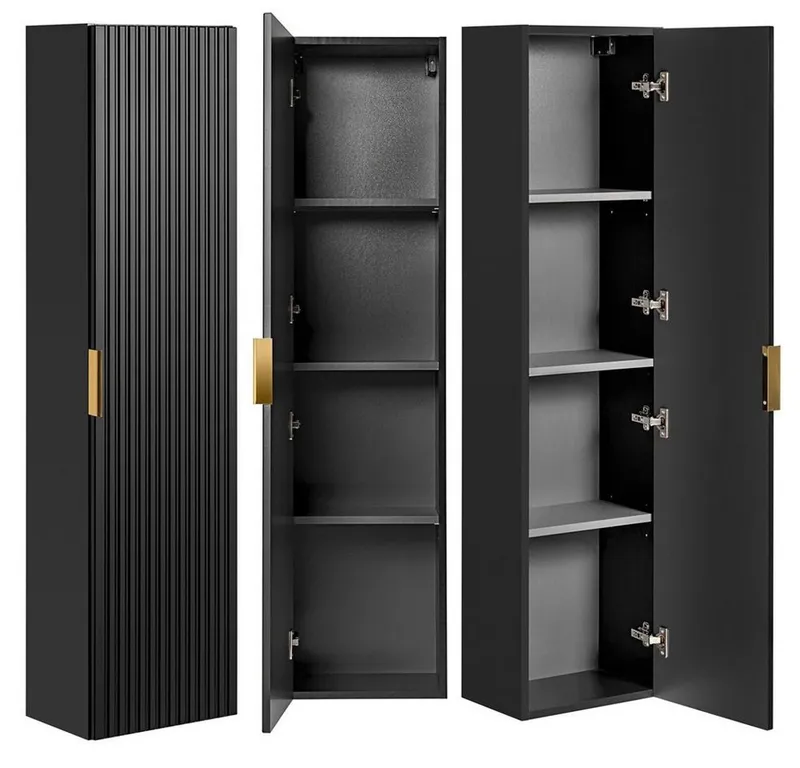 Lomadox Hochschrank ADELAIDE-56-BLACK Badmöbel 1-türig in matt schwarz gerillt, B/H/T: 35/140/25 cm, Schwarz, – Produktbild 1 von 4