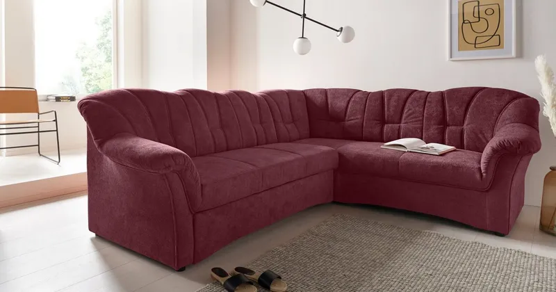 DOMO collection Ecksofa Papenburg B/T/H: 242/190/84 cm L-Form, wahlweise mit Bettfunktion, Langer Schenkel links oder rechts, Lila, – Produktbild 2 von 5