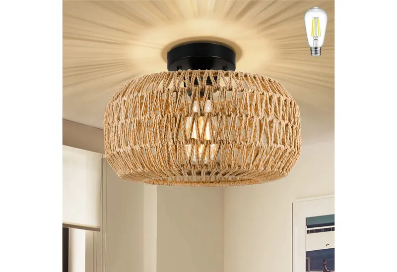LMaxhome LED Deckenleuchte Hängend Boho Rattan Deckenlampe Vintage Kronleuchter Lampenschirm Flur, E27 Glühbirne LED fest integriert Bambus Wohnzimmer Esszimmer Lampe – Produktbild 1 von 5