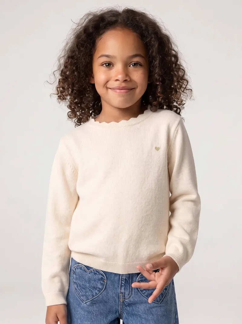 Vertbaudet Mädchen Pullover mit Herz-Stickerei & Wellenausschnitt BASIC, Beige meliert, – Produktbild 1 von 3