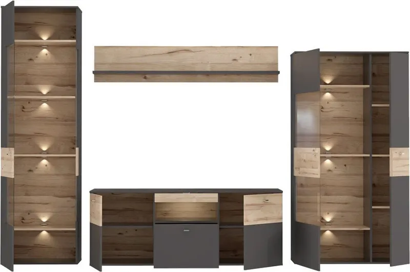 FORTE Wohnwand Como, (4-St., 2x Vitrinen, 1x Lowboard, 1x Wandregal), Korpus und Front matt, Grau, – Produktbild 5 von 5