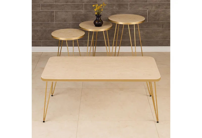 Jungengel Couchtisch Set 4-teilig Travertin Creme Gold Wohnzimmer Beistelltisch Naturstein (4-St., 4-teiliges Tisch-Set), Luxus Couchtisch-Set Travertin Creme mit goldenen Metallbeinen, Goldfarben, – Produktbild 2 von 5
