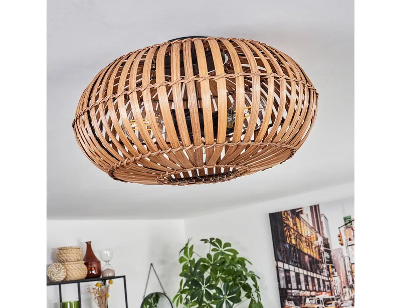 hofstein Deckenleuchte moderne Deckenlampe aus Metall/Bambus in Schwarz/Natur/Dunkelbraun, ohne Leuchtmittel, Deckenleuchte m. Lichteffekt, Ø 40 cm, 3 x E27, ohne Leuchtmittel, Beige|braun, – Produktbild 2 von 5