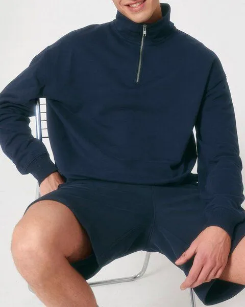 YTWOO YTWOO Oversized Sweatshirt mit kurzem Reißverschluss aus reiner Bio-Baumwolle; Unisex Troyer, Blau, – Produktbild 2 von 4