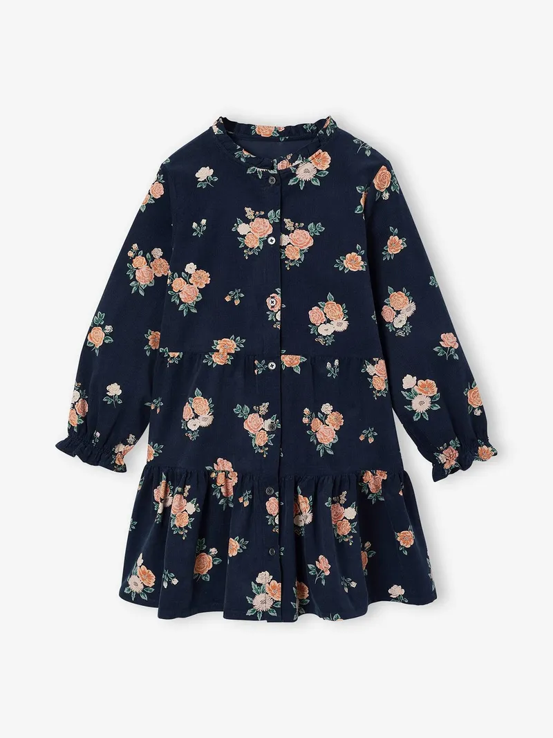 Vertbaudet Kleid mit Stehkragen aus Feincord Mädchen blumen, Nachtblau blumen, – Produktbild 1 von 3