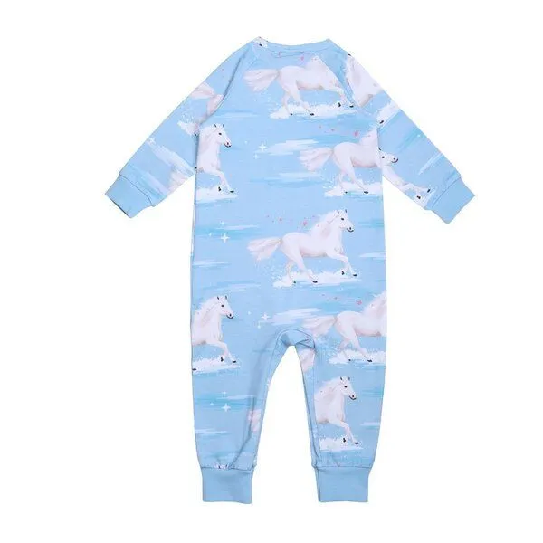 Walkiddy Baby Strampler GOTS zertifiziert, Bio-Baumwolle, hellblau, Pferde-Muster „White Horses“, Langarm, weich – Walkiddy – Produktbild 2 von 2