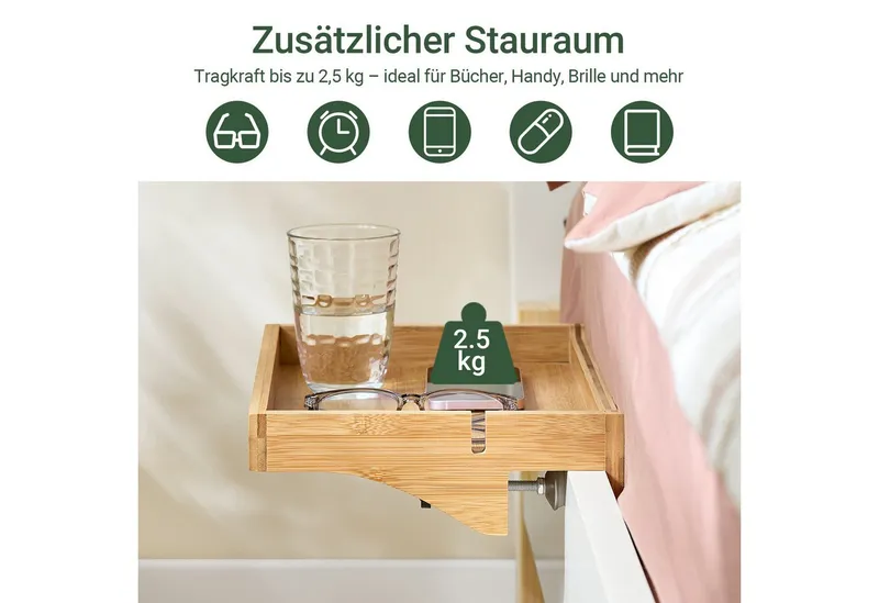 SoBuy Nachttisch NKD01, Klemmregal fürs Bett mit Kabelführung, Bambus, Bettablage mit Kabelführung Regal für Mobiltelefon Fernbedienung, Beige, – Produktbild 3 von 5