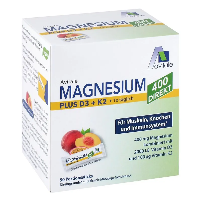 Avitale Magnesium 400+D3+K2 Direktsticks Pfirsich-Maracuja-Geschmack – Produktbild 1 von 1