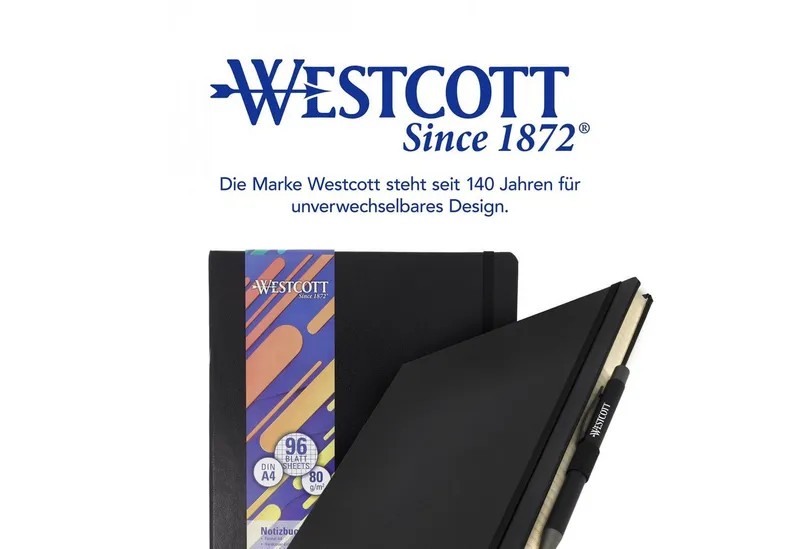 Westcott Westcott Notizbuch DIN A4 kariert, 192 Seiten im Hardcover, 80 g/m² FSC Mix-Papier, mit Innentasche, Lesezeichen, Gummizug und Stifthalter, Schwarz, – Produktbild 6 von 7