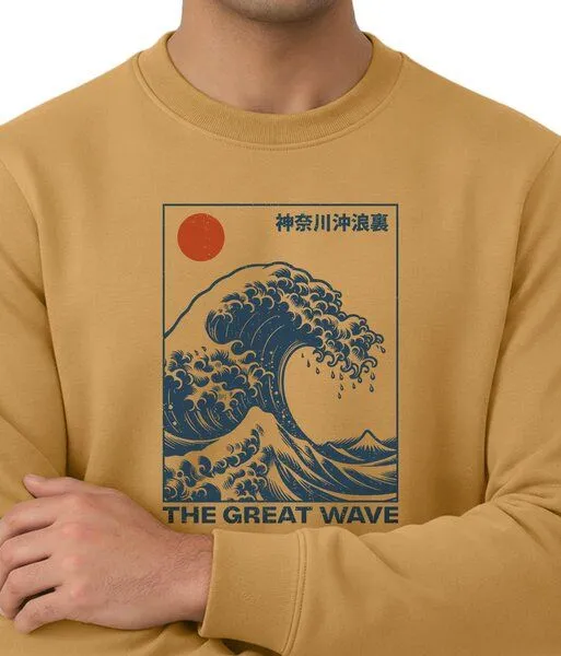 Spreecult Spreecult Die Große Welle - Unisex Sweatshirt - Bio und Fair - Wald Natur Nacht Berge Japan, Gelb, – Produktbild 2 von 4