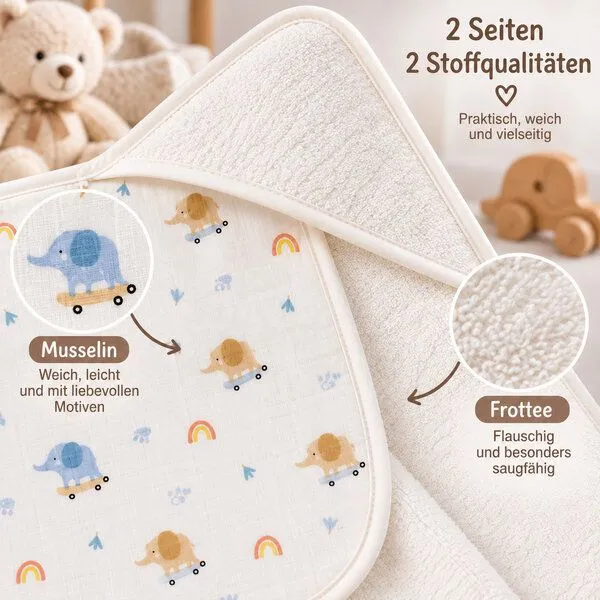 Bebekevi Bebekevi Baby Kapuzenbadetuch 75 × 75 cm aus Musselin & Frottee | Weiche Musselin-Innenseite | inkl. Waschhandschuh | Gemustert, Naturweiß elefant, – Produktbild 4 von 4