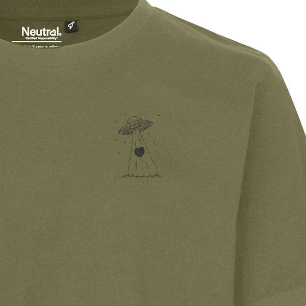 HANDGEDRUCKT HANDGEDRUCKT "Beam it up" Unisex T-Shirt aus reiner Baumwolle (kbA), Military, – Produktbild 1 von 3