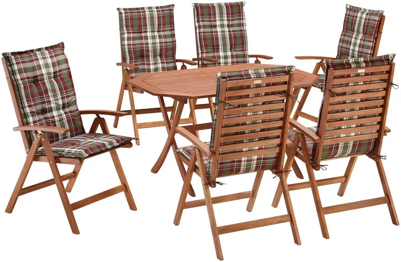 Merxx Merxx Garten-Essgruppe Borkum, (13-tlg., 6x Sessel, inkl. Sitz- und Rückenkissen, 1x Klapptisch 135x85 cm), Eukalyptusholz, FSC® Mix, geeignet für 6 Personen, Braun, – Produktbild 2 von 5
