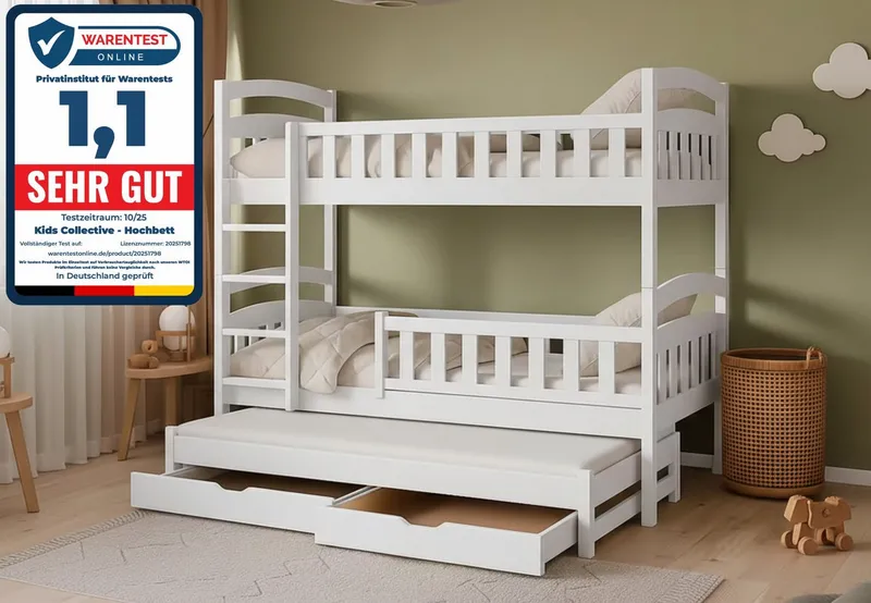 Kids Collective Etagenbett Hochbett Stockbett Kinderbett 90x200 cm mit Ausziehbett und Schubladen (mit drei Matratzen inklusive), Umbaubar zu 3 Einzelbetten mit Lattenrosten & Rausfallschutz, Weiß, – Produktbild 2 von 5