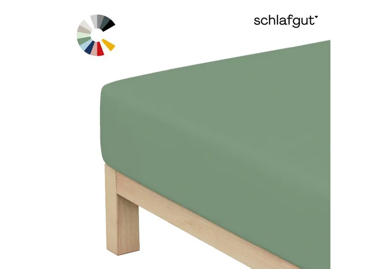 Schlafgut Schlafgut Spannbettlaken Basic Cotton Bettlaken, 160 g/m², 100% Baumwolle, Spannbetttuch, Jersey, Gummizug: rundum, (1 Stück), Spannbettlaken bis 20 cm Matratzenhöhe, bügelfrei und pflegeleicht, Grün, – Produktbild 6 von 8