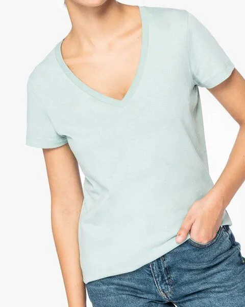 YTWOO YTWOO Damen Tshirt mit V-Ausschnitt aus 100% Bio-Baumwolle, Hellgrün, – Produktbild 2 von 3