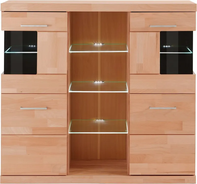 OTTO home Highboard Ribe,120cm breit,112cm hoch,Oberplatte massiv,12 Fächer, Holz massiv, Holzwerkstoff, Metall Griffe,2Türen mit Glaseinsatz, Braun, – Produktbild 6 von 8