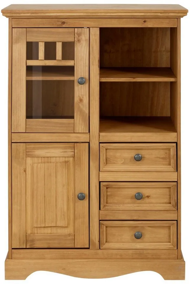 OTTO home Highboard Melissa Vitrine mit 2 Türen und 3 Schubladen, Metallknopfgriffe, mit 2 Türen, eine davon mit Glaseinsatz, natürliche Maserung, Beige, – Produktbild 3 von 4