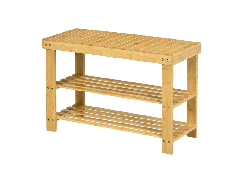 HOMCOM HOMCOM Schuhbank Sitzfläche und Stauraum, 2 Ablagen Flurbank für Wohnzimmer (Schuhregal aus Bambus, 1-St., Sitzbank), für Flur, Eingangsbereich, 70 x 28 x 45 cm, Beige, – Produktbild 2 von 5