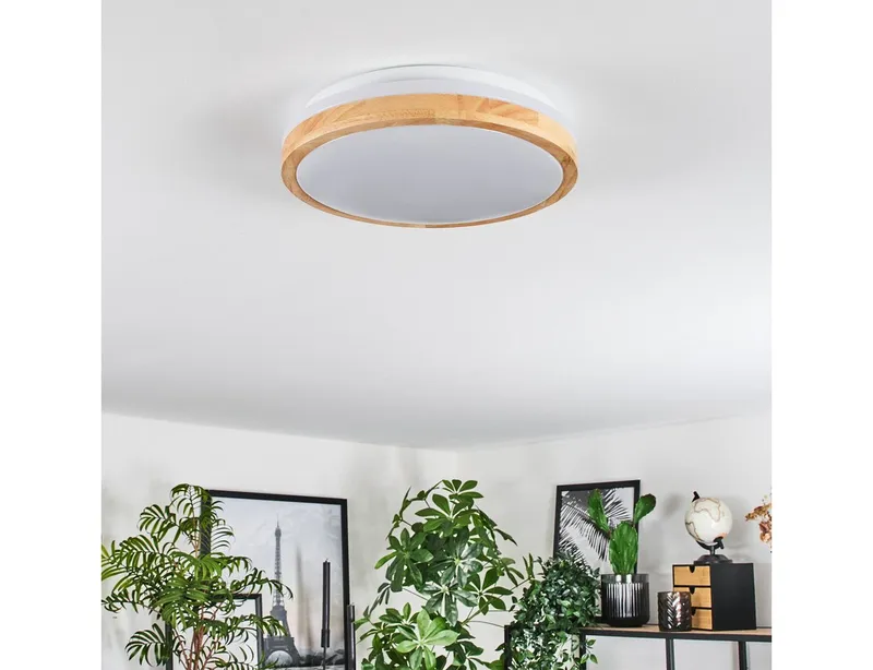 hofstein Deckenleuchte moderne Deckenlampe aus Metall/Bambus/Kunststoff in Weiß/Natur, LED wechselbar, 3000 Kelvin, Leuchte im angesagten Boho-Design (28cm), 1700 Lumen, LED 16 W, Beige|weiß, – Produktbild 5 von 5
