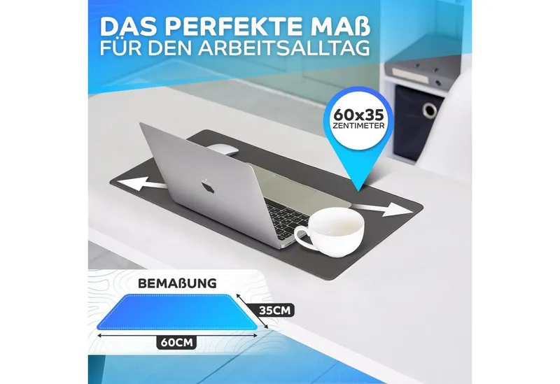 MAXLVL Gaming Mauspad Schreibtischunterlage - Mauspad mit Vernähte Kanten - abwaschbar (in 80x40 cm / 60x35 cm, Schreibtisch Unterlage für Büro), Tischunterlage Schreibtisch aus PU-Leder, Anthrazit, – Produktbild 3 von 5