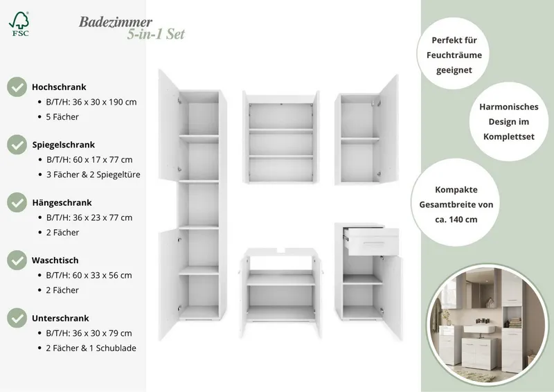 OTTO home Badmöbel-Set Föhr, (Set, 5-St), mit eleganten Hochglanzfronten, FSC® zertifiziert, Weiß, – Produktbild 4 von 5