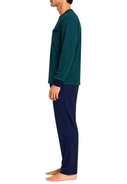 Haasis Bodywear Haasis Bodywear Herren Pyjama Rundhalsausschnitt, Bio Baumwolle, Flaschengrün/navy, – Produktbild 3 von 3