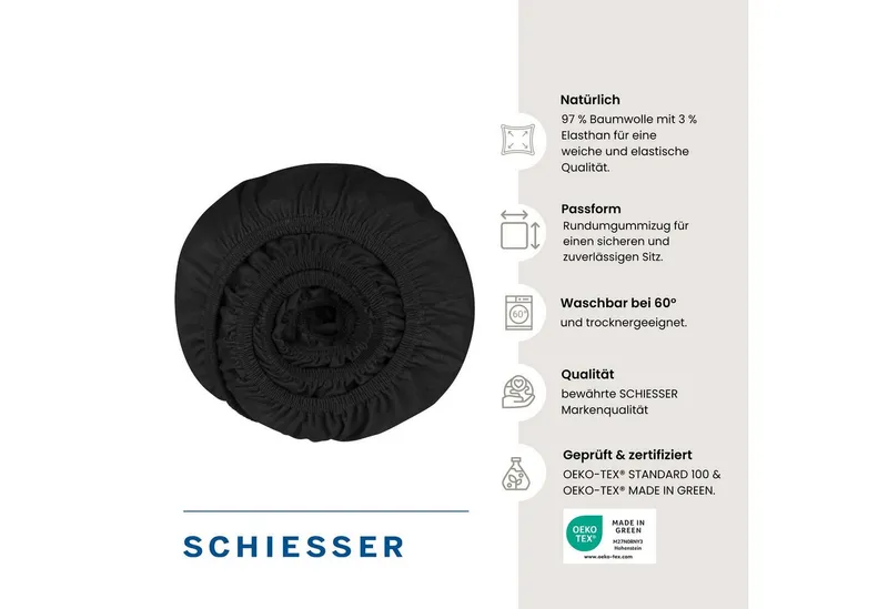 Schiesser Schiesser Spannbettlaken Elli aus weicher Baumwolle mit Elasthananteil für flexiblen Sitz, Jersey-Elasthan, Gummizug: rundum, (1 Stück), für hohe Matratzen und Boxspringbetten, OEKO-TEX® MADE IN GREEN, Schwarz, – Produktbild 3 von 5