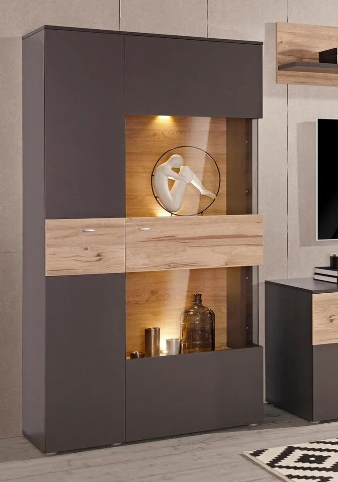 FORTE Vitrine Como Highboard, LED Beleuchtung Einlegeböden, Glastüre, Soft Close, Grau, – Produktbild 1 von 8
