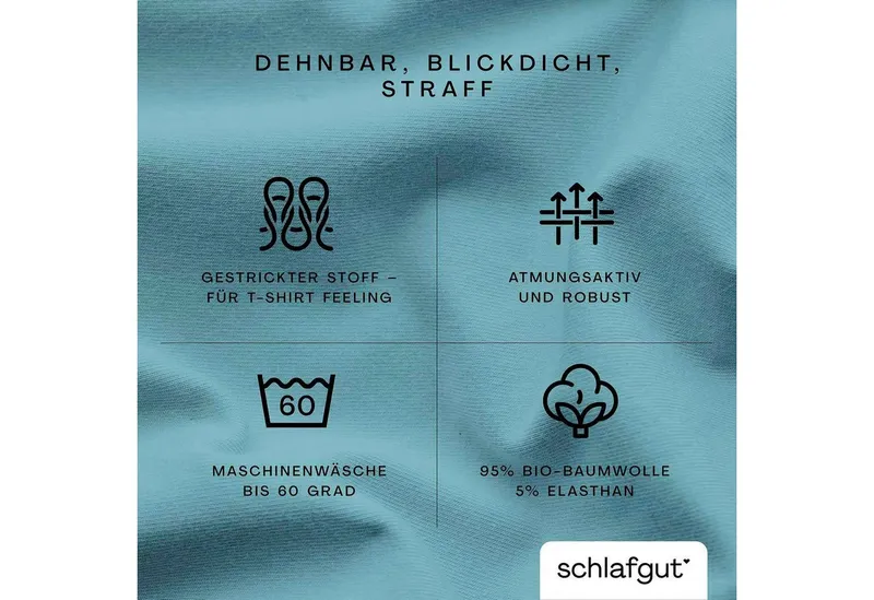 Schlafgut Schlafgut Spannbettlaken PURE Bio-Baumwolle mit Elasthan, 170 g/m², Bettlaken, Spannbetttuch, Jersey, Gummizug: rundum, (1 Stück), PREMIUM Laken für Matratzen bis 30cm Höhe, dehnbar blickdicht, straff, Blau, – Produktbild 4 von 5