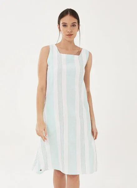 ORGANICATION ORGANICATION Kleid aus Leinen-Mix mit Längsstreifen, Emerald/white, – Produktbild 1 von 4