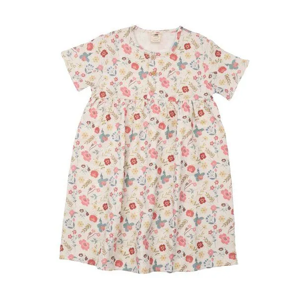 Walkiddy Kinderkleid GOTS zertifiziert, Bio-Baumwolle, mehrfarbig, „Flowers & Leaves“, Kurzarm, leicht & weich – Walkiddy, Mehrfarbig, – Produktbild 1 von 3