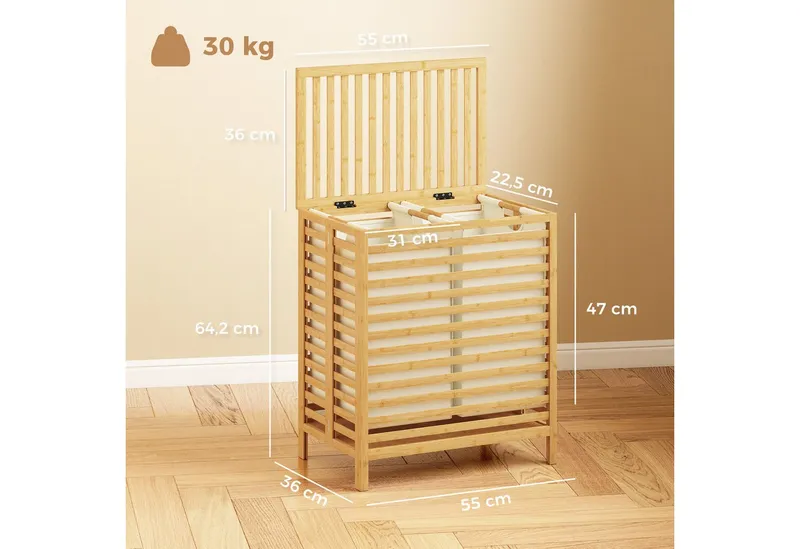 HOMCOM HOMCOM Wäschekorb (Wäschebox, 1 St., Wäschesammler), 64 Liter, faltbar, Doppelkorb, Bambus, Beige, – Produktbild 3 von 5