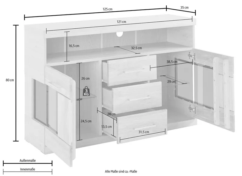 OTTO home Sideboard Ribe,125cm breit, Fronten Massivholz,5 Fächer,Böden versetzbar, Korpus Holzwerkstoff,Türen mit Glaseinsatz,3 Schubladen,Metallgriffe, Braun, – Produktbild 4 von 5
