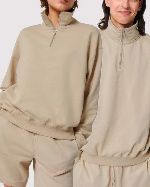 YTWOO YTWOO Oversized Sweatshirt mit kurzem Reißverschluss aus reiner Bio-Baumwolle; Unisex Troyer, Beige, – Produktbild 1 von 3